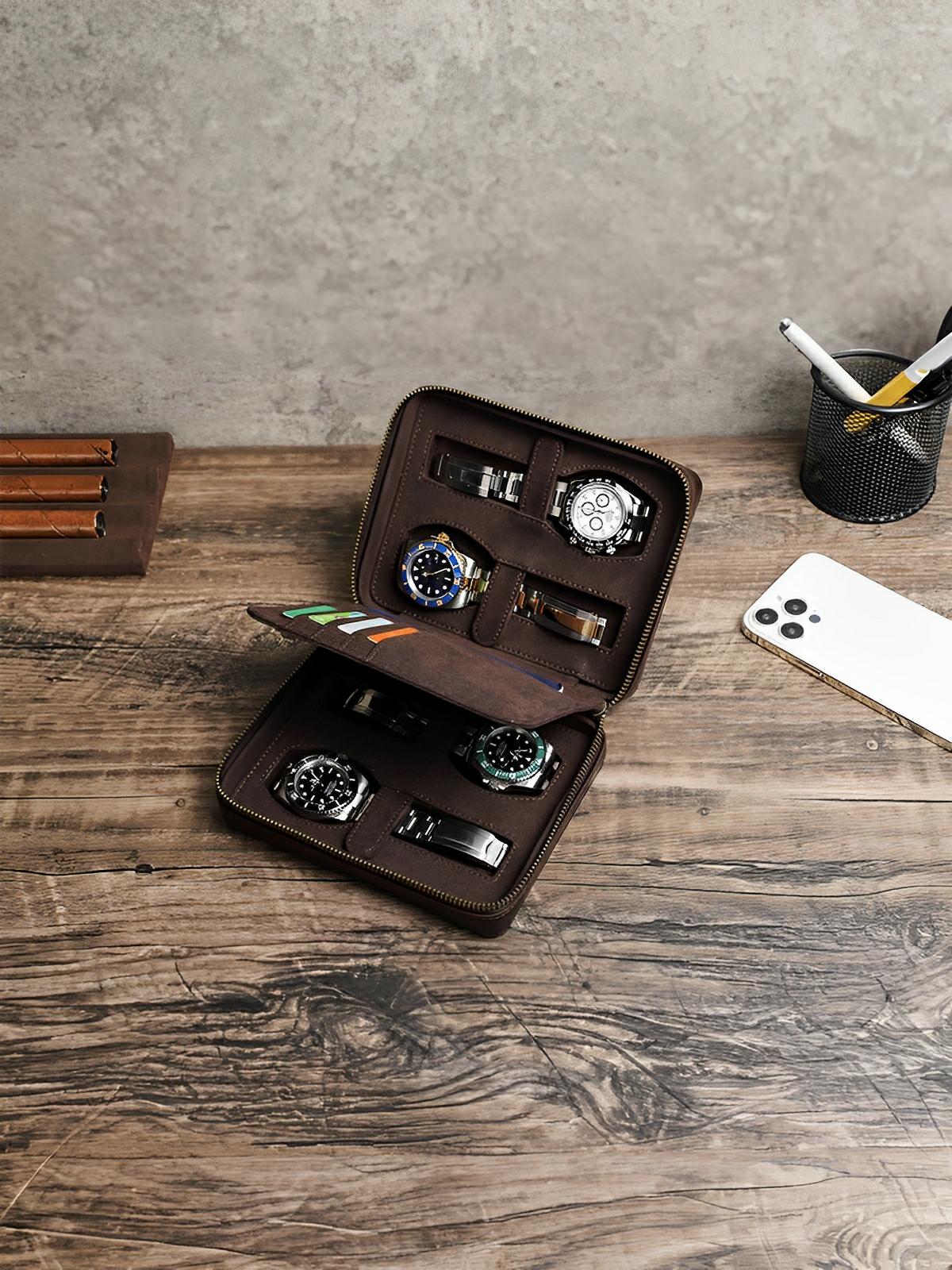 Coffret à montres, en cuir, porte carte intégré, modèle Maximian - Coffret - Café