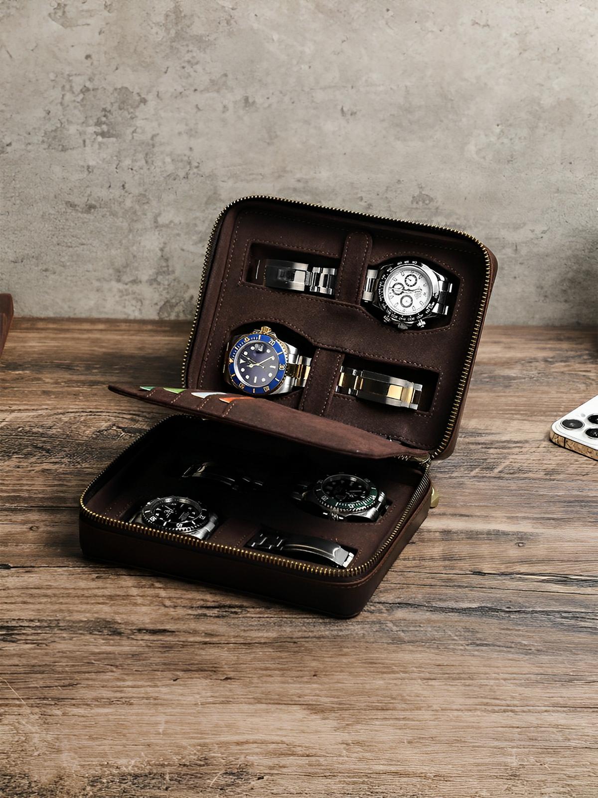 Coffret à montres, en cuir, porte carte intégré, modèle Maximian - Coffret - Café