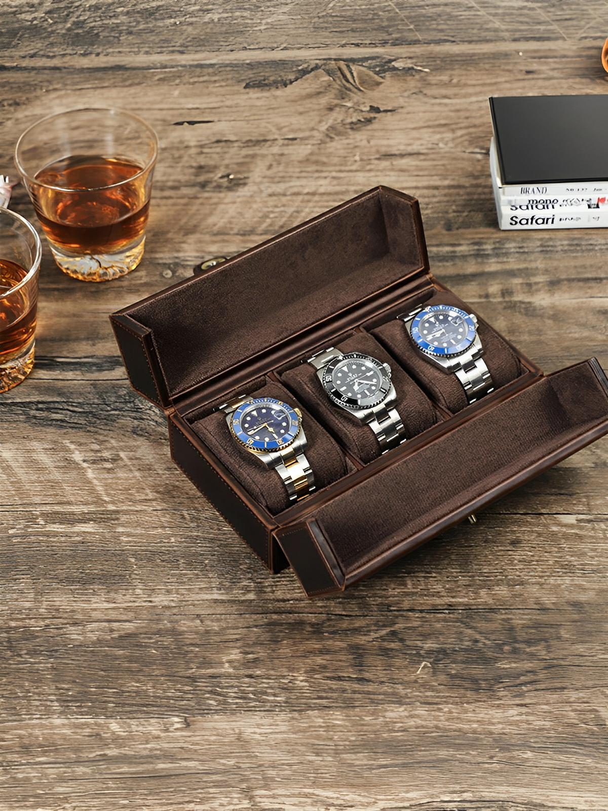 Coffret à montres, en cuir, triple capacité, modèle Candide - Coffret - Café
