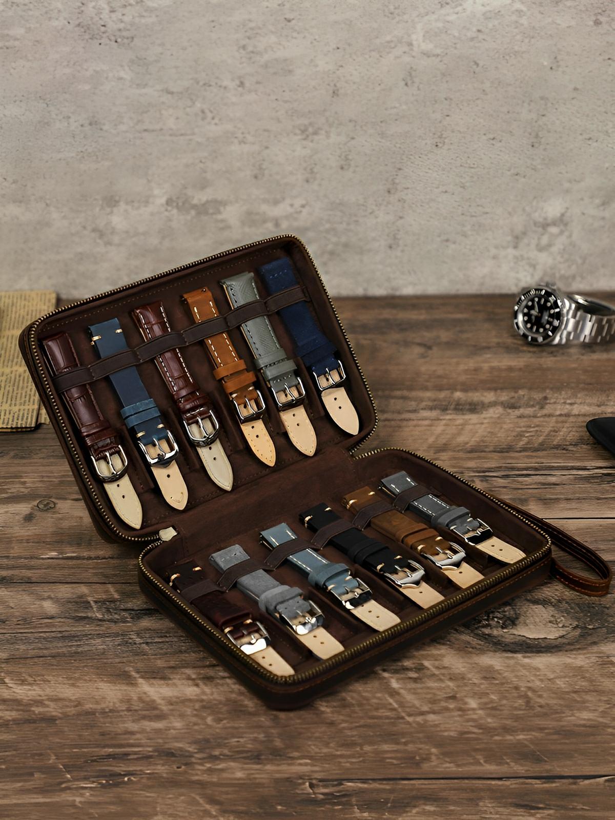 Coffret de bracelets de montres, en cuir, 12 emplacements, modèle Gonéri - Coffret - Café