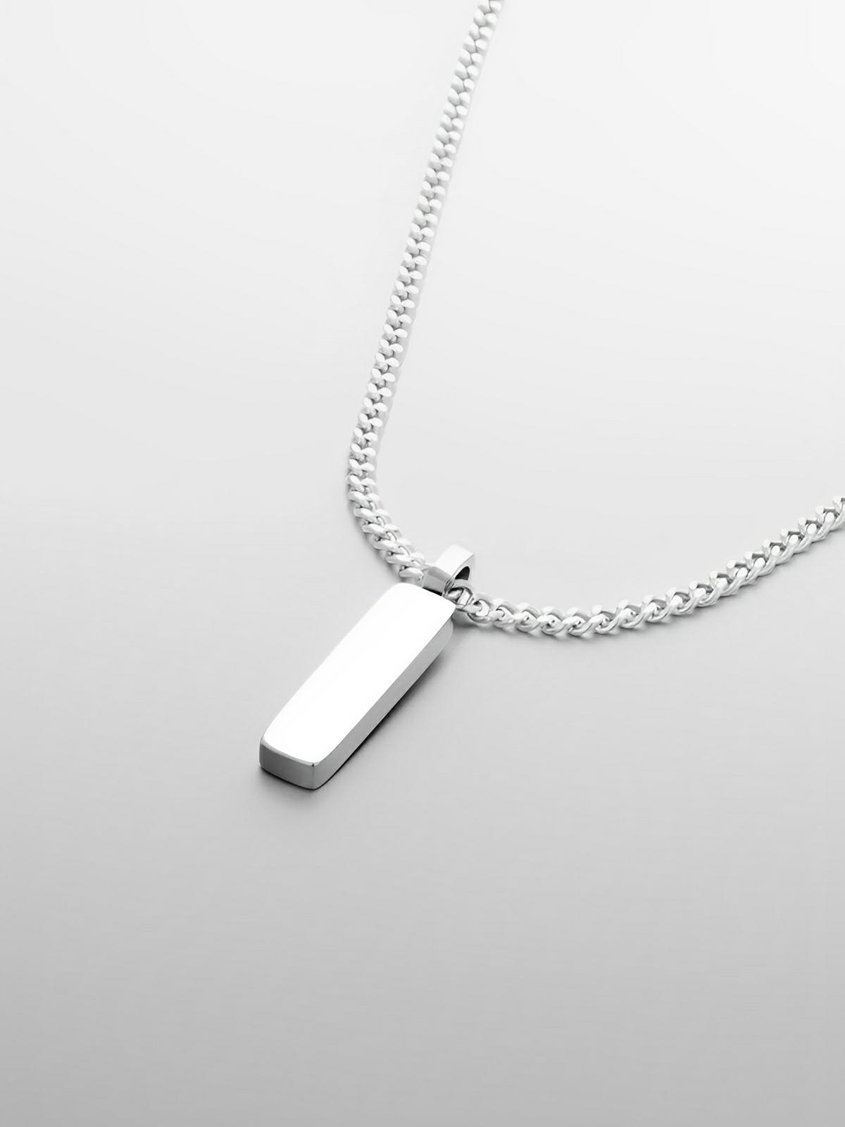 Collier acier inoxydable, pendentif rectangulaire, chaîne cubaine, style minimaliste, homme moderne, modèle Milano - Collier - Argent 55 cm