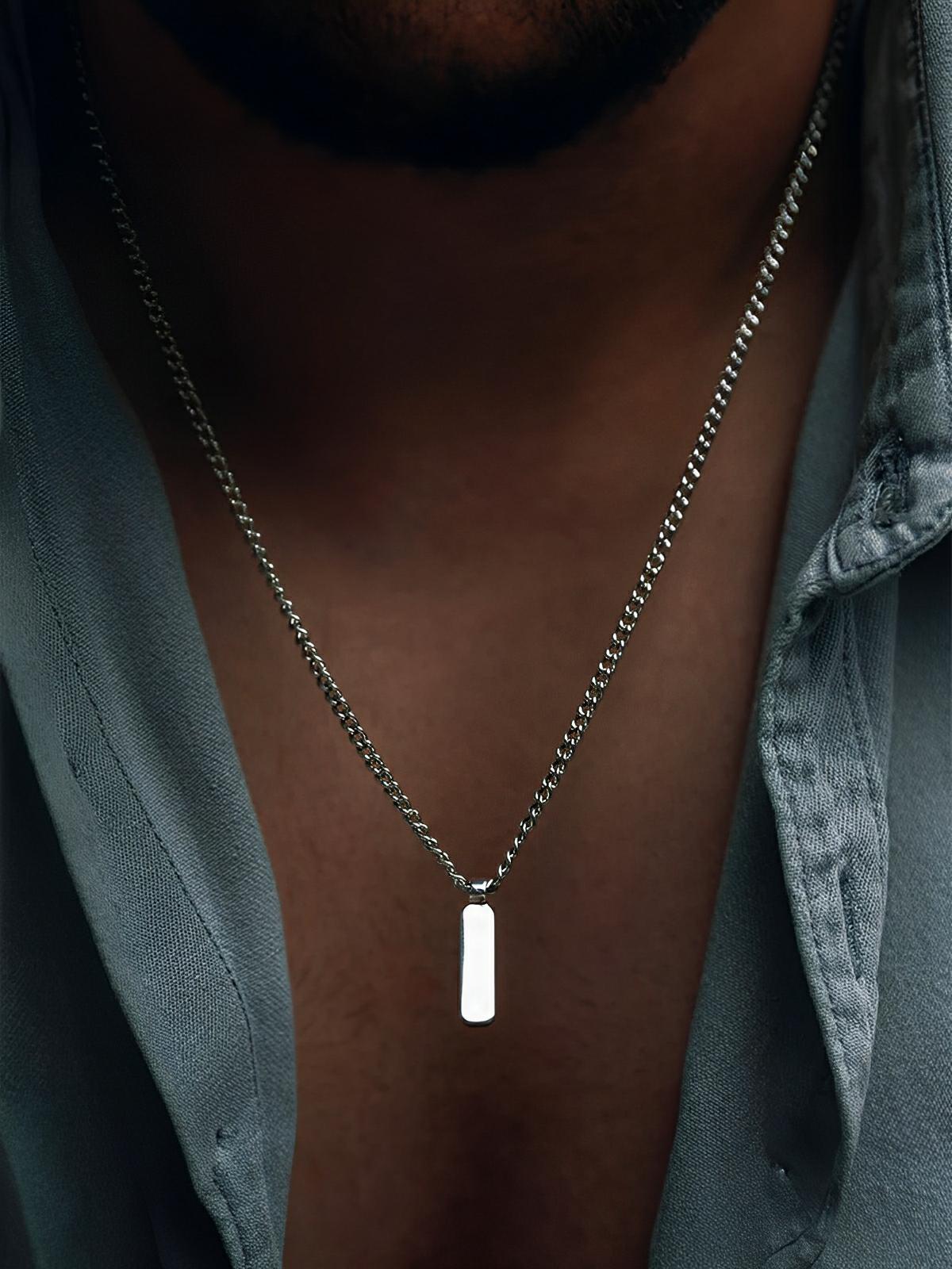 Collier acier inoxydable, pendentif rectangulaire, chaîne cubaine, style minimaliste, homme moderne, modèle Milano - Collier - Argent 55 cm
