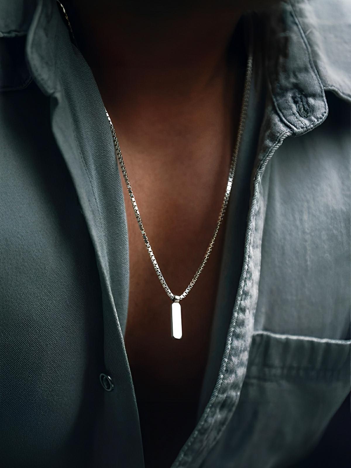 Collier acier inoxydable, pendentif rectangulaire, chaîne vénitienne, style minimaliste, homme moderne, modèle Séran - Collier - Argent 55 cm
