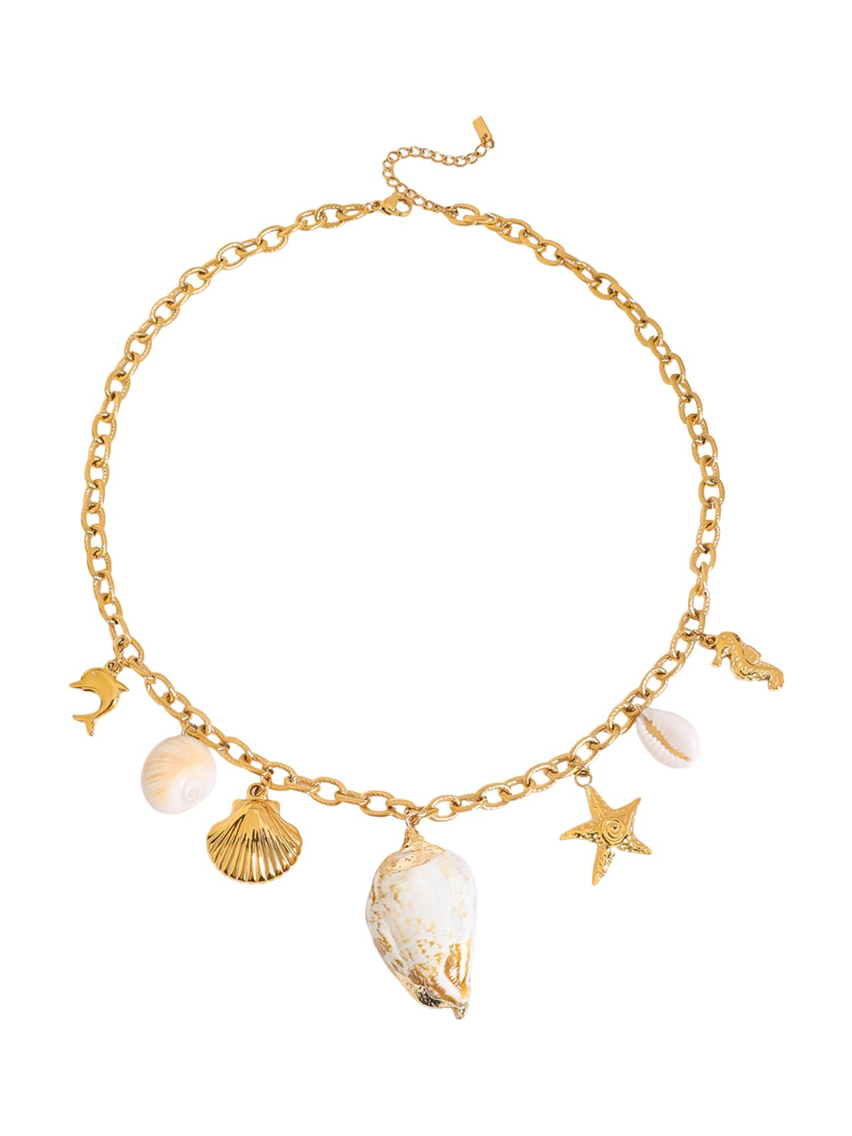 Collier chaîne coquillages doré, acier inoxydable, breloques étoiles, lune, crustacés, modèle Ura - Collier - Or 45 +5 cm