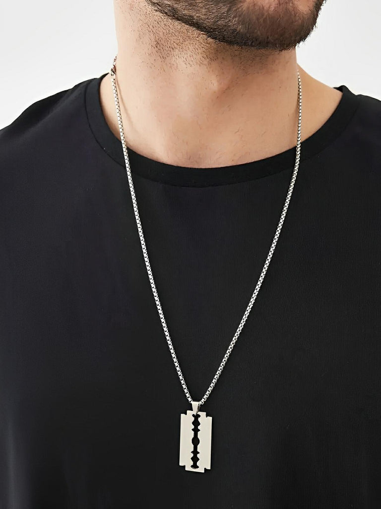 Collier chaîne en acier inoxydable, pendentif lame de rasoir, bijou tendance, modèle Fred - Collier - Argent 60 cm