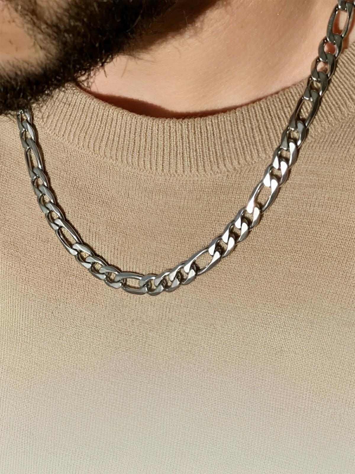 Collier chaîne figaro homme, en acier Inoxydable, style hip - hop, modèle Léon - Collier - Argent 45 cm