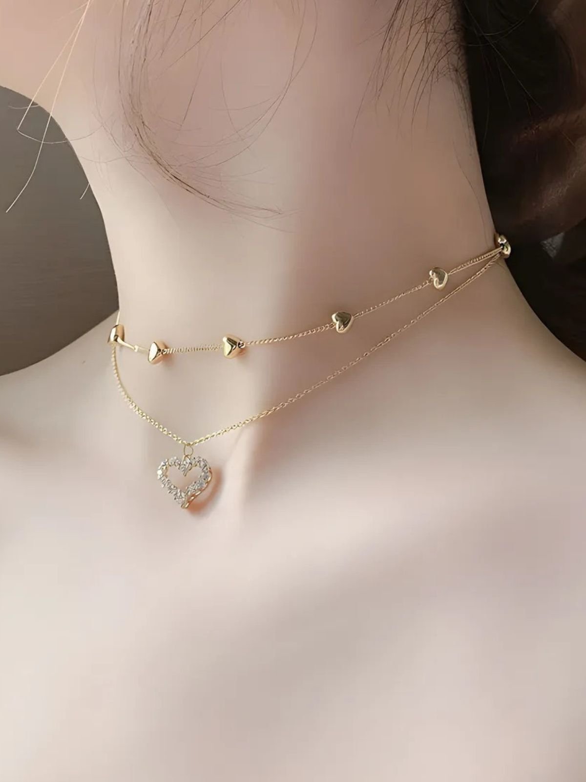 Collier cœur double rang, pendentif love cristal, chaîne serpent dorée, bijou femme moderne, style romantique, modèle Nyssa - Collier - Or 41 - 50cm