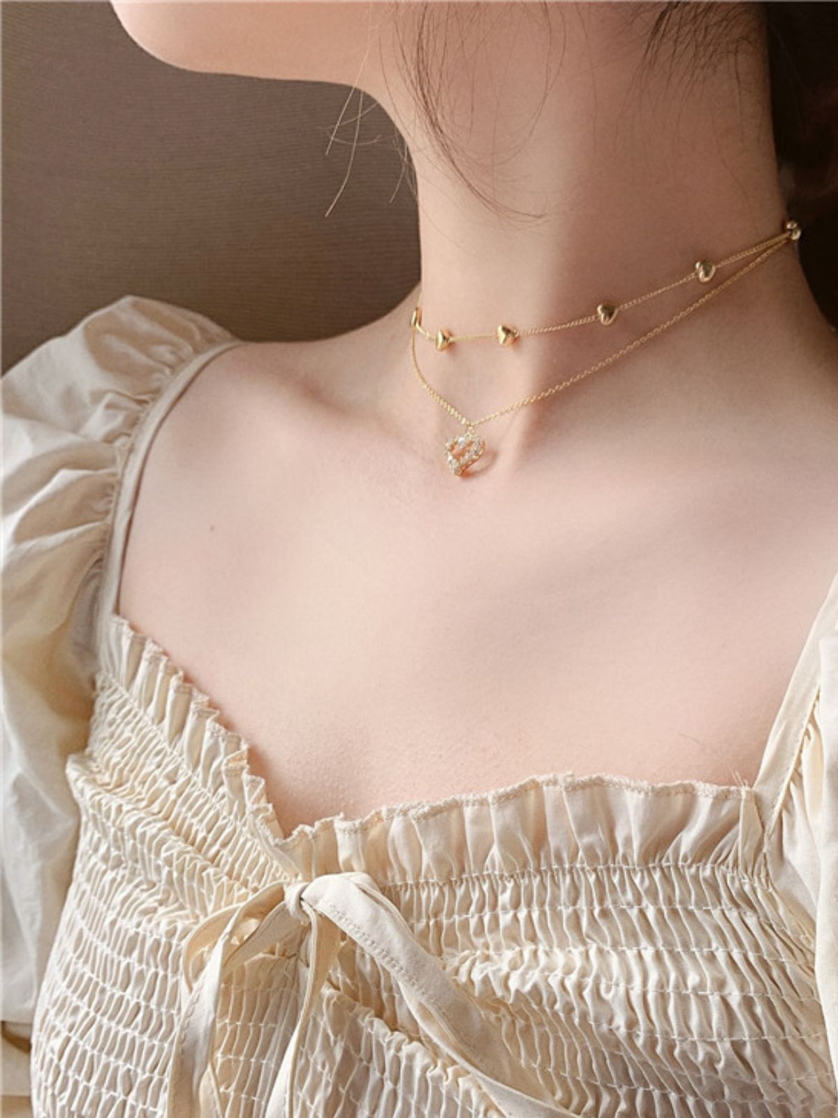 Collier cœur double rang, pendentif love cristal, chaîne serpent dorée, bijou femme moderne, style romantique, modèle Nyssa - Collier - Or 41 - 50cm
