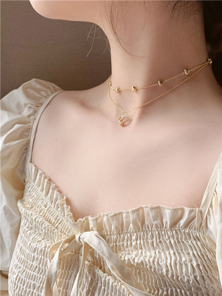 Collier cœur double rang, pendentif love cristal, chaîne serpent dorée, bijou femme moderne, style romantique, modèle Nyssa - Collier - Or 41 - 50cm