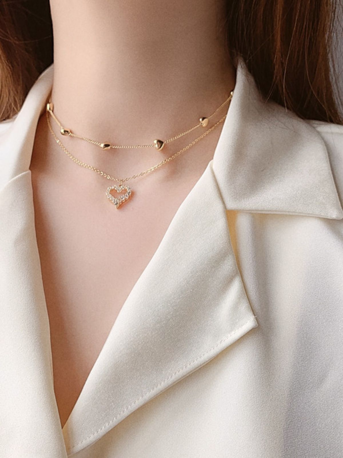 Collier cœur double rang, pendentif love cristal, chaîne serpent dorée, bijou femme moderne, style romantique, modèle Nyssa - Collier - Or 41 - 50cm