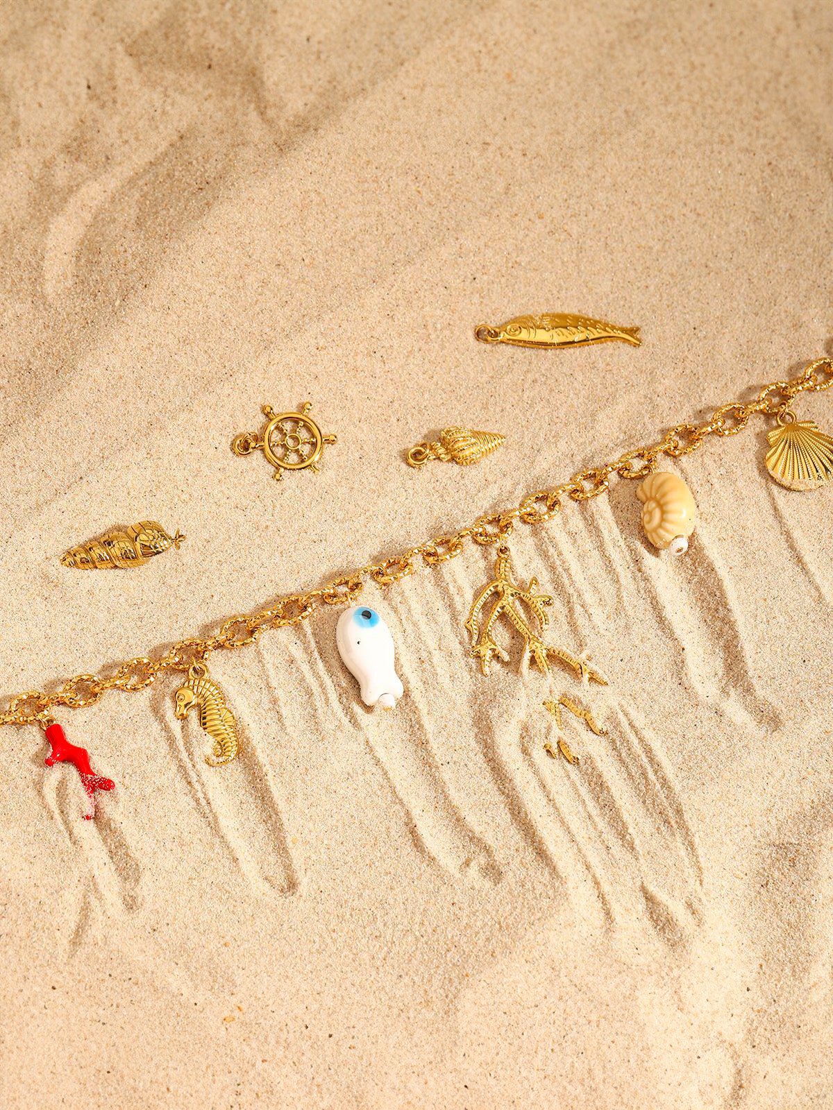 Collier coquillage, corail, doré, pendentifs marins, vacances, en acier inoxydable, plaqué or 18K, modèle Doumie - Collier - Or 45 +5 cm
