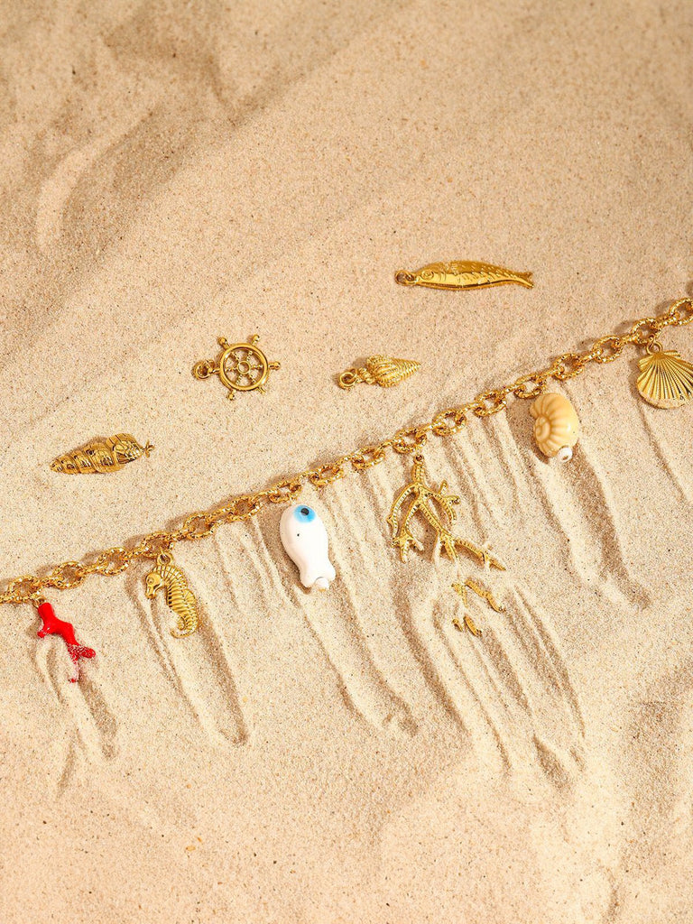 Collier coquillage, corail, doré, pendentifs marins, vacances, en acier inoxydable, plaqué or 18K, modèle Doumie - Collier - Or 45 +5 cm