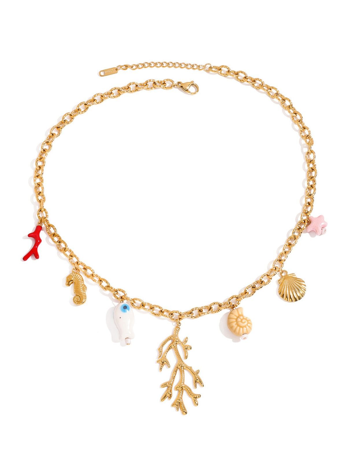 Collier coquillage, corail, doré, pendentifs marins, vacances, en acier inoxydable, plaqué or 18K, modèle Doumie - Collier - Or 45 +5 cm