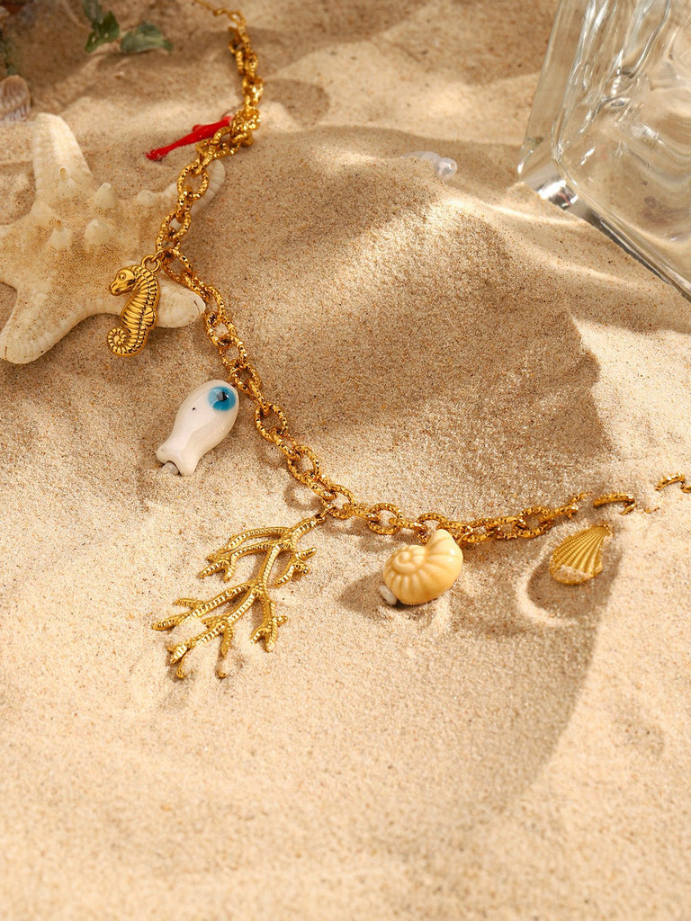 Collier coquillage, corail, doré, pendentifs marins, vacances, en acier inoxydable, plaqué or 18K, modèle Doumie - Collier - Or 45 +5 cm