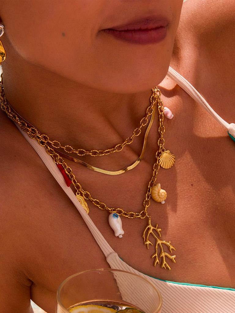 Collier coquillage, corail, doré, pendentifs marins, vacances, en acier inoxydable, plaqué or 18K, modèle Doumie - Collier - Or 45 +5 cm