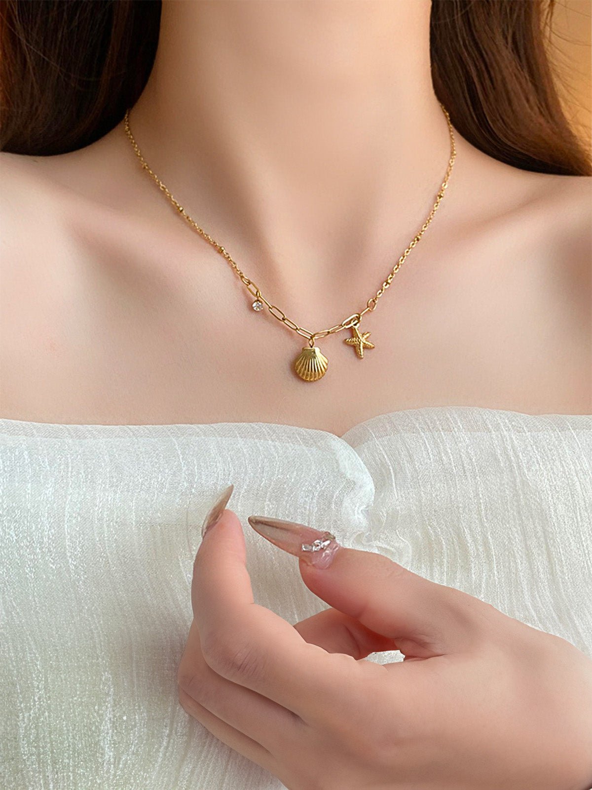 Collier coquillage doré, pendentif étoile de mer, zircon, chaîne fine acier inoxydable, style plage, femme, modèle Dalida - Collier - Or 45+5 cm