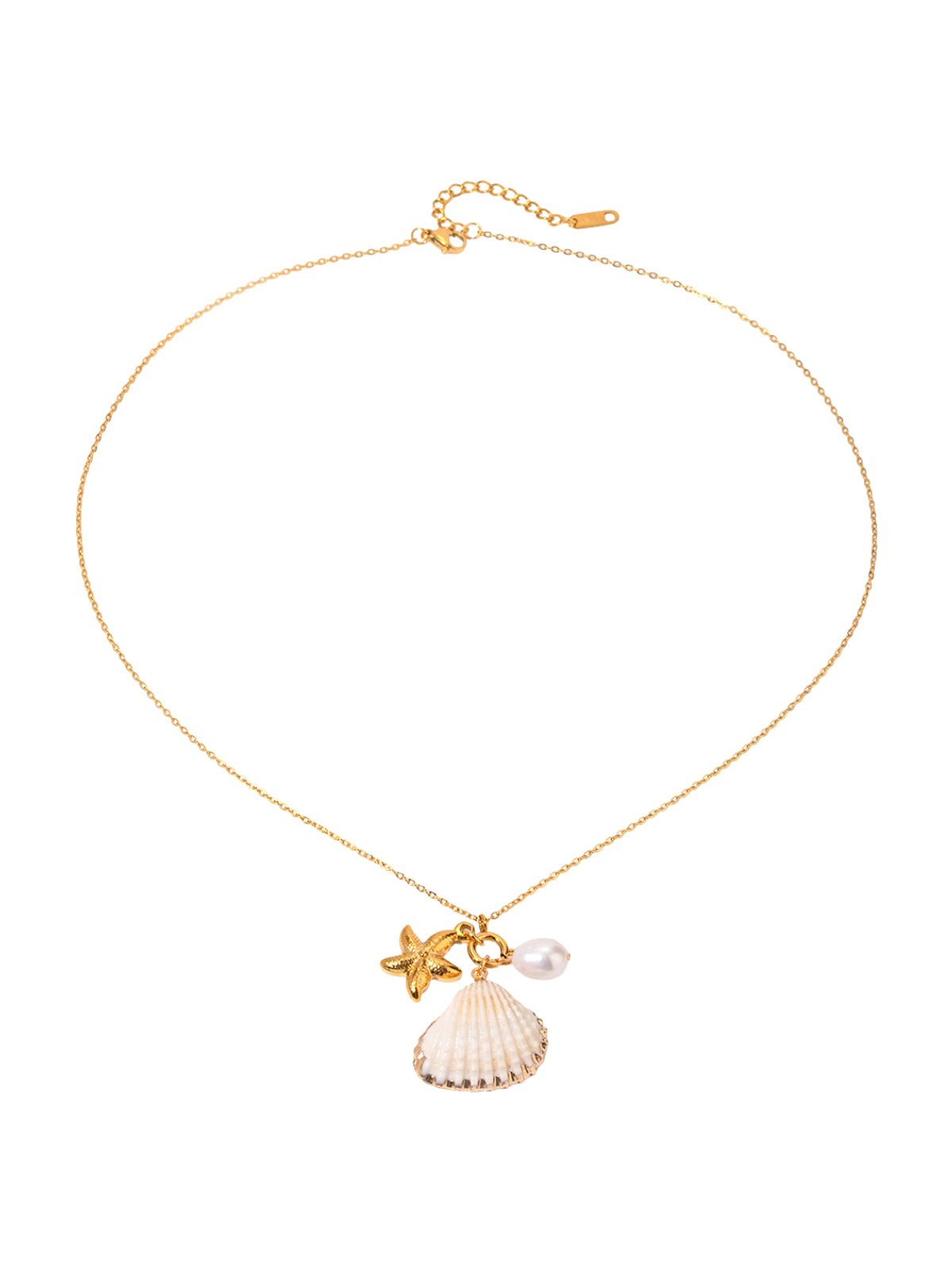 Collier coquillage, perle blanche, étoile de mer, chaîne dorée, style bord de mer, modèle Assya - Collier - Or 50+5 cm