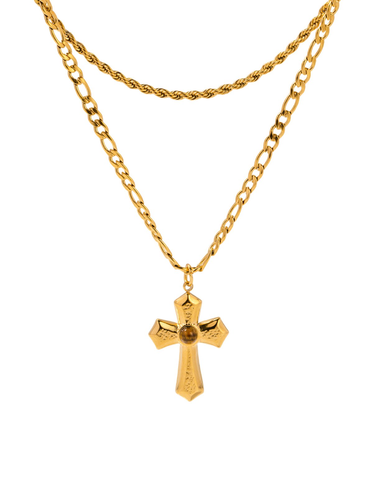 Collier croix double chaîne, doré 18K, pendentif géométrique, look vintage, acier inoxydable, modèle Joka - Collier - Or 43.5 +5 cm