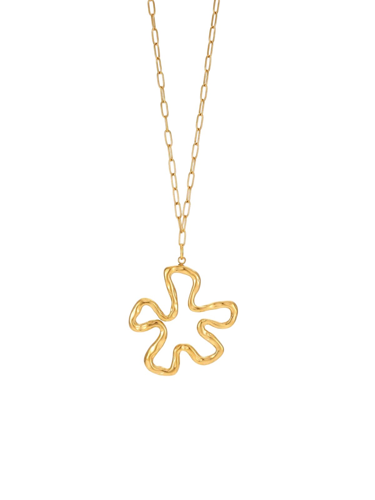 Collier doré femme, pendentif fleur ondulée, chaîne maillons allongés, look moderne, acier inoxydable, modèle Serena - Collier - Or
