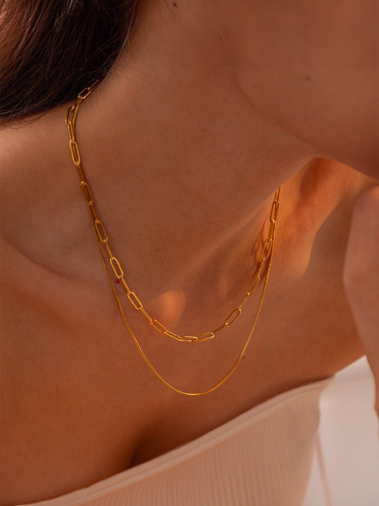 Collier double rang, chaîne rectangulaire forçat et maille serpent, acier inoxydable, doré, modèle Aluli - Collier - Or 41 +5.5 cm