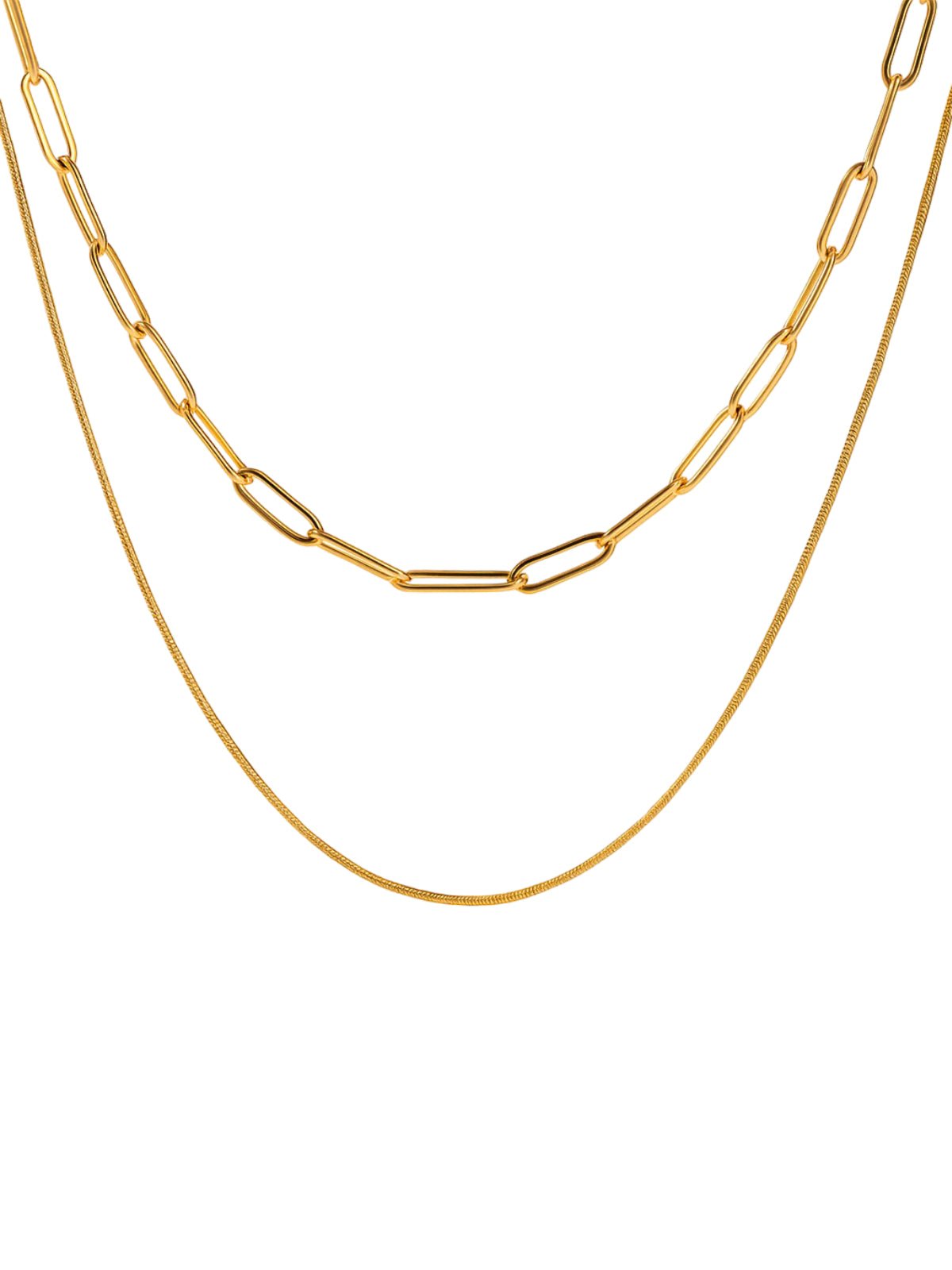 Collier double rang, chaîne rectangulaire forçat et maille serpent, acier inoxydable, doré, modèle Aluli - Collier - Or 41 +5.5 cm