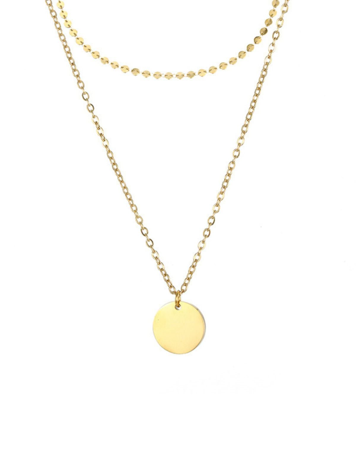 Collier double rang femme, acier inoxydable, pendentif rond, chaîne fine, doré ou argenté, modèle Margot - Collier - Or 35 - 38cm
