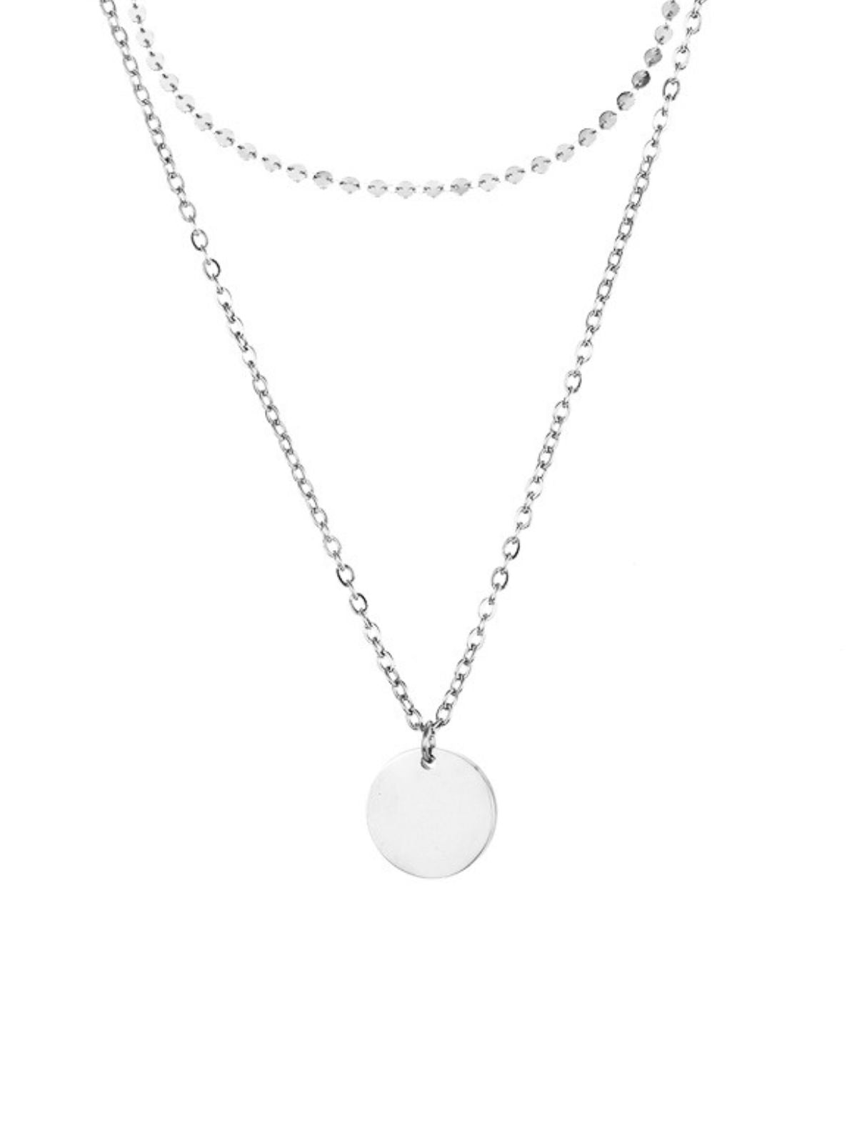 Collier double rang femme, acier inoxydable, pendentif rond, chaîne fine, doré ou argenté, modèle Margot - Collier - Argent 35 - 38cm