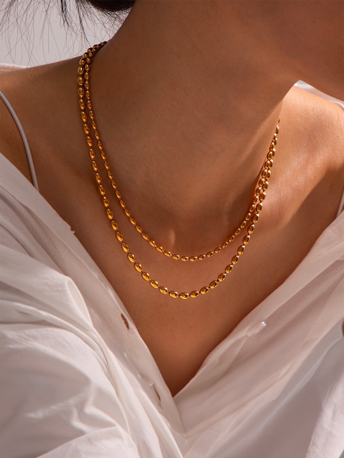 Collier double rangs femme, acier inoxydable doré, chaîne billes, style géométrique, tendance ins, modèle Ilma - Collier - Or 44.5 +6 cm