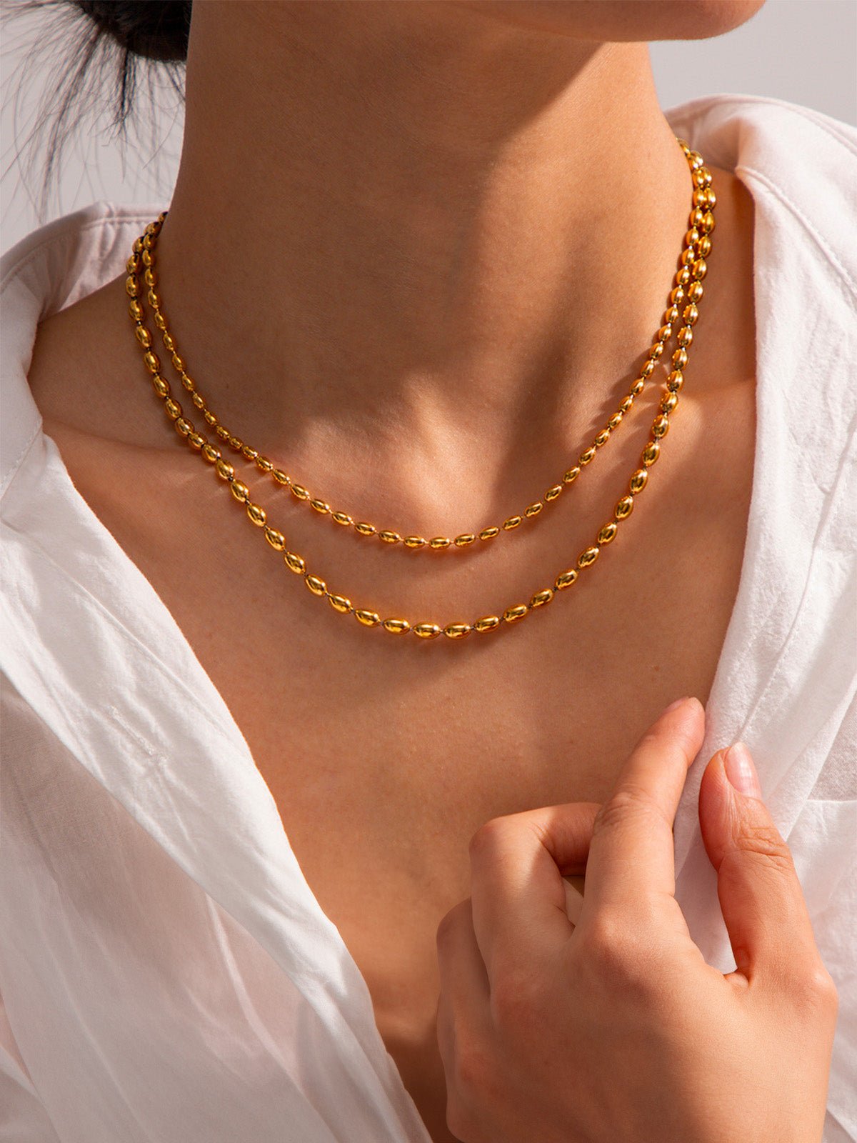 Collier double rangs femme, acier inoxydable doré, chaîne billes, style géométrique, tendance ins, modèle Ilma - Collier - Or 44.5 +6 cm