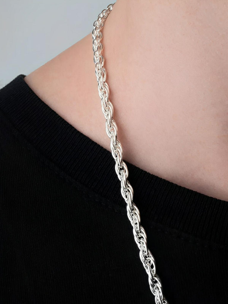 Collier double torsade en titane, plaqué argent, look populaire, modèle Django - Collier - Argent 60 cm