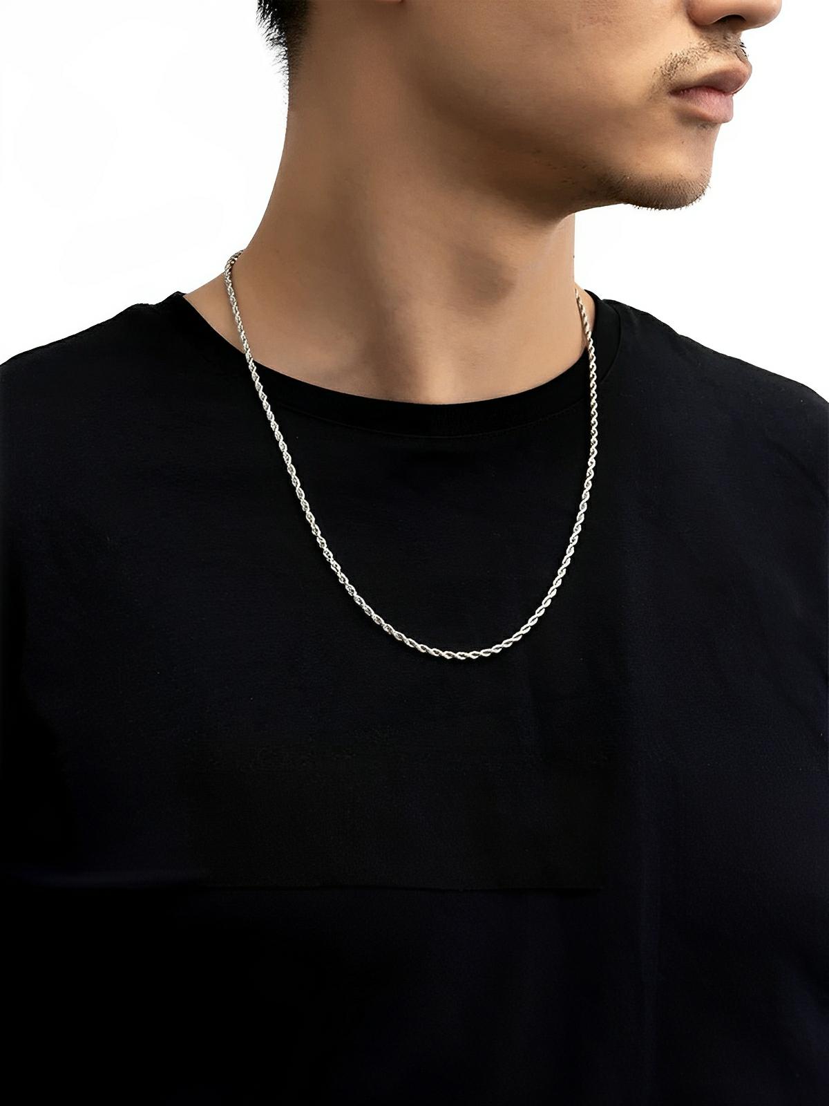 Collier double torsade en titane, plaqué argent, look populaire, modèle Django - Collier - Argent 60 cm