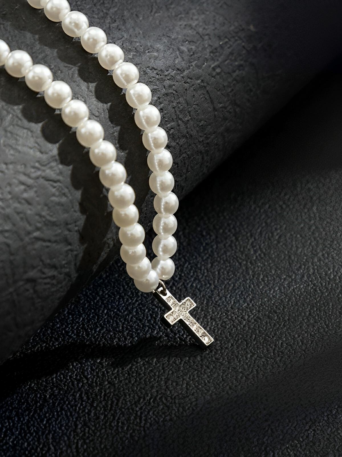Collier en perles d'imitation, croix chrétienne, tendance, modèle Kyn - Collier - Blanc 50 cm