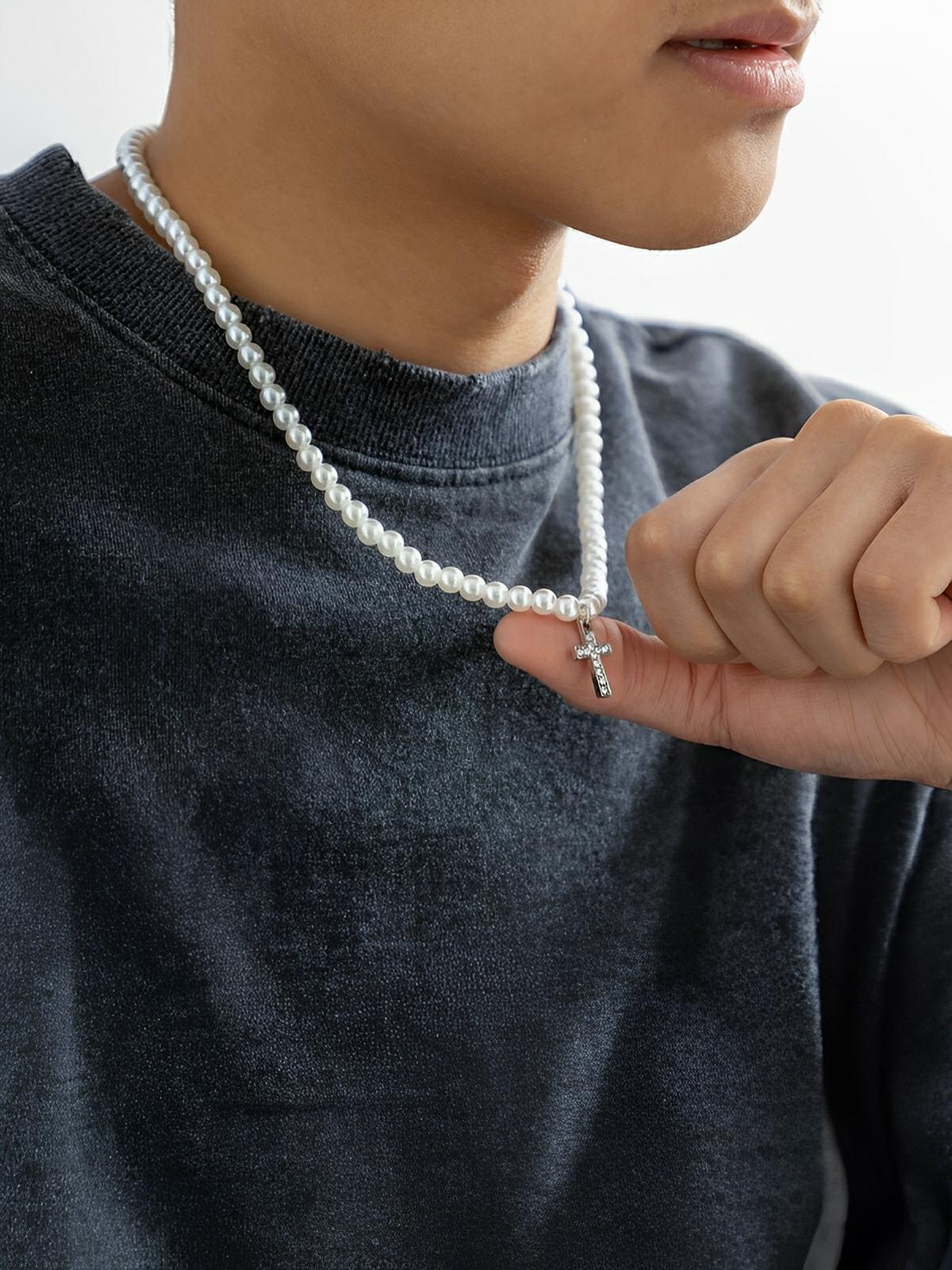 Collier en perles d'imitation, croix chrétienne, tendance, modèle Kyn - Collier - Blanc 50 cm