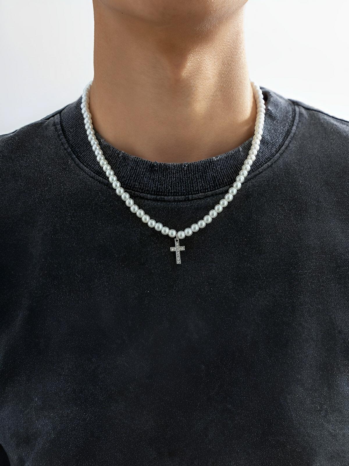 Collier en perles d'imitation, croix chrétienne, tendance, modèle Kyn - Collier - Blanc 50 cm