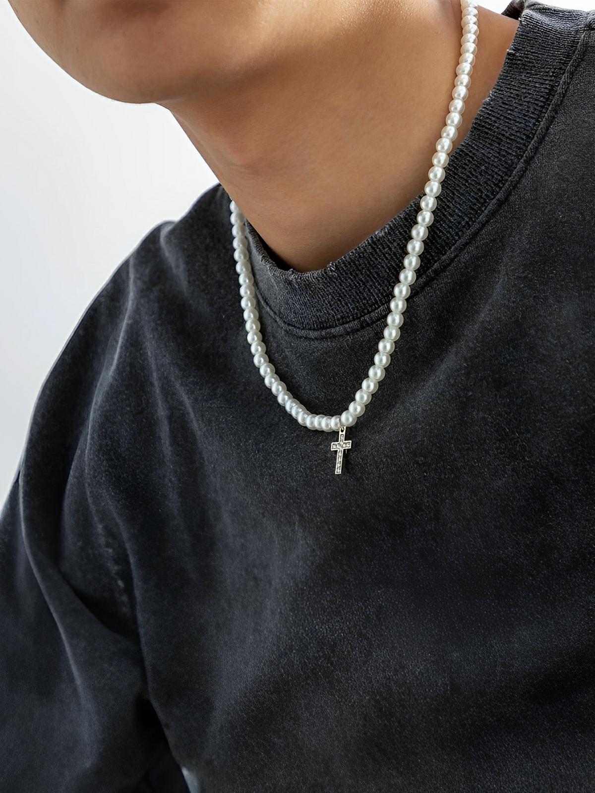 Collier en perles d'imitation, croix chrétienne, tendance, modèle Kyn - Collier - Blanc 50 cm