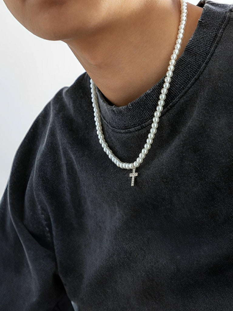Collier en perles d'imitation, croix chrétienne, tendance, modèle Kyn - Collier - Blanc 50 cm