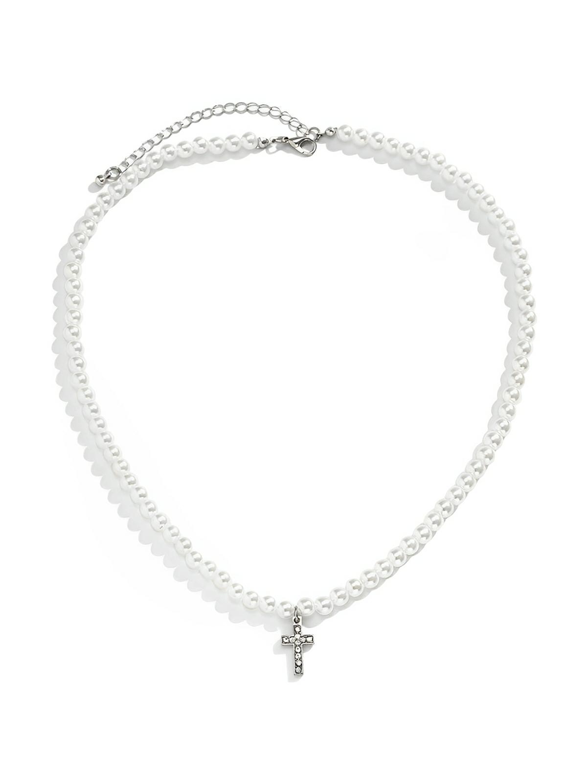 Collier en perles d'imitation, croix chrétienne, tendance, modèle Kyn - Collier - Blanc 50 cm