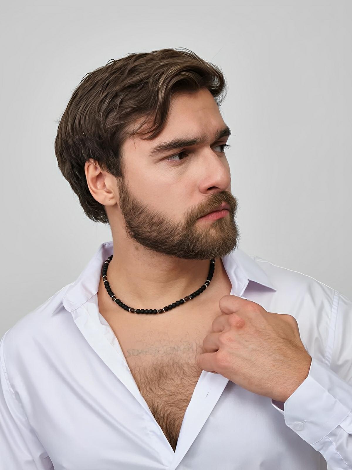 Collier en pierres naturelles, alliance de l'onyx et de l'oeil de tigre, modèle Lastin - Collier - Noir 41 - 50 cm