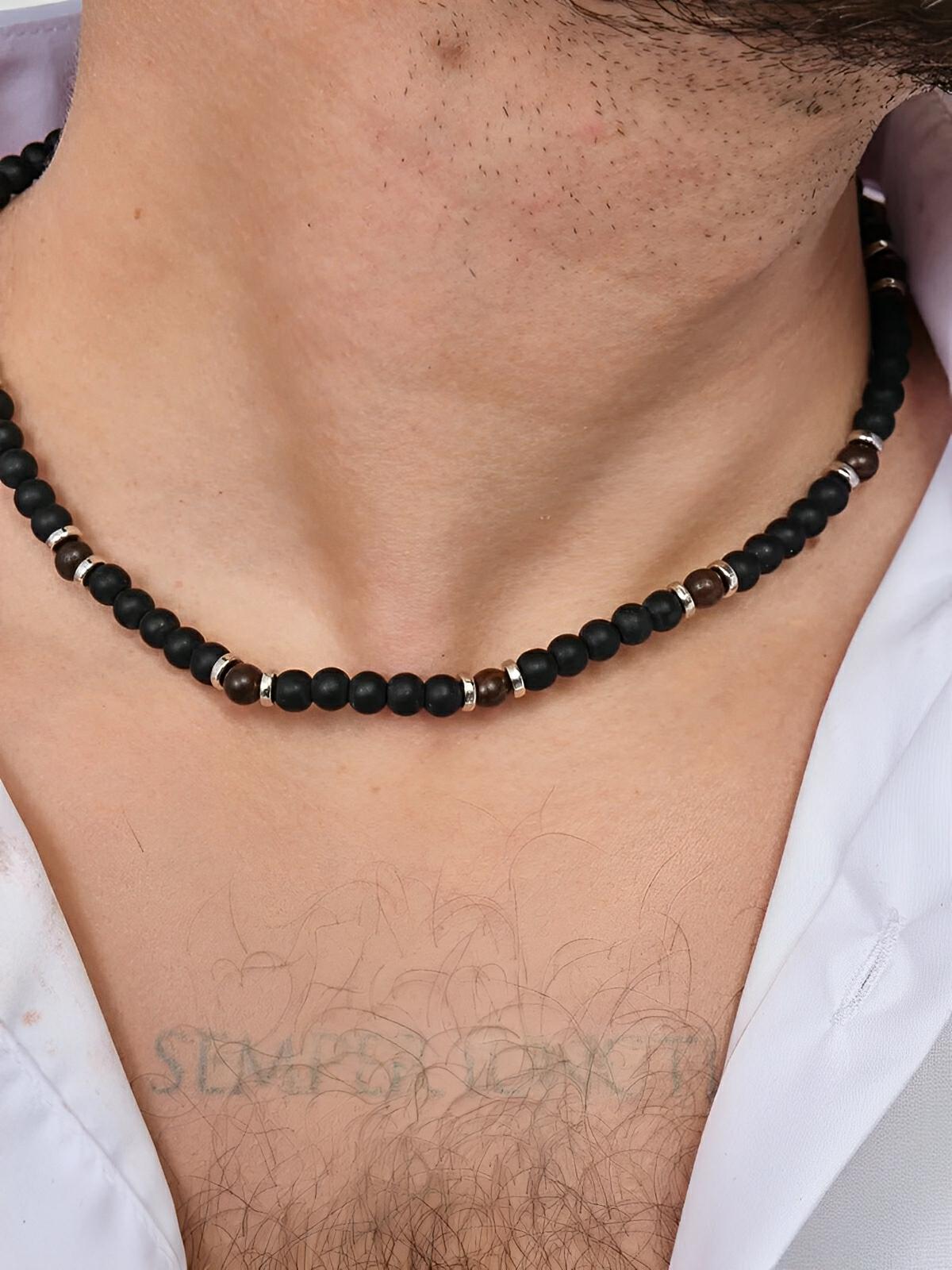 Collier en pierres naturelles, alliance de l'onyx et de l'oeil de tigre, modèle Lastin - Collier - Noir 41 - 50 cm