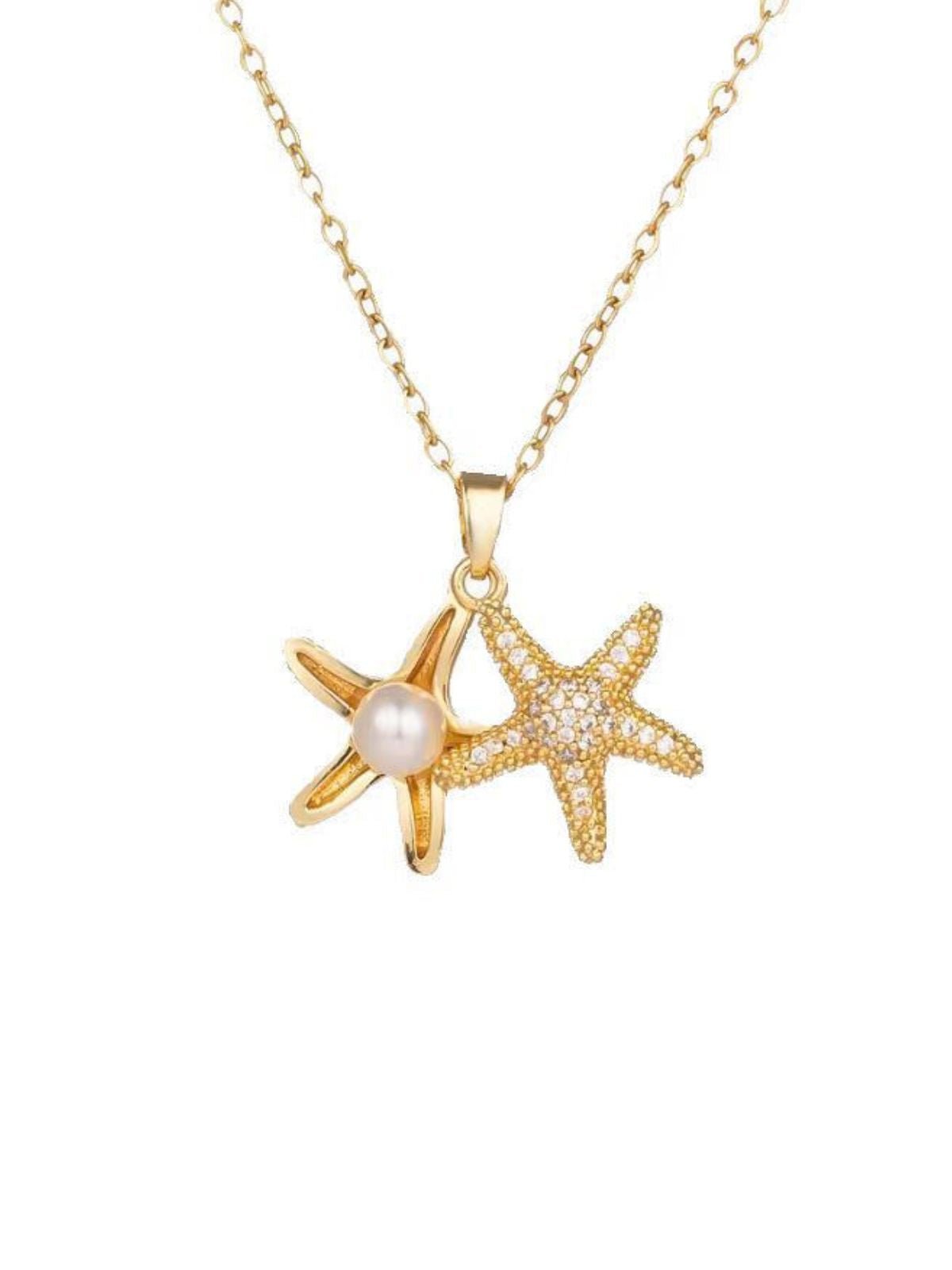Collier étoile de mer, acier titane, zircons scintillants, chaîne clavicule femme, bijou lumineux 2024, modèle Nathalie - Collier - Or 42 cm