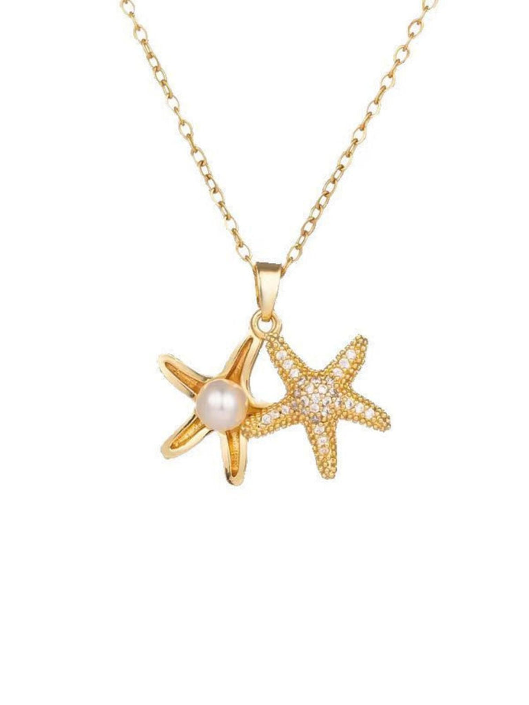 Collier étoile de mer, acier titane, zircons scintillants, chaîne clavicule femme, bijou lumineux 2024, modèle Nathalie - Collier - Or 42 cm