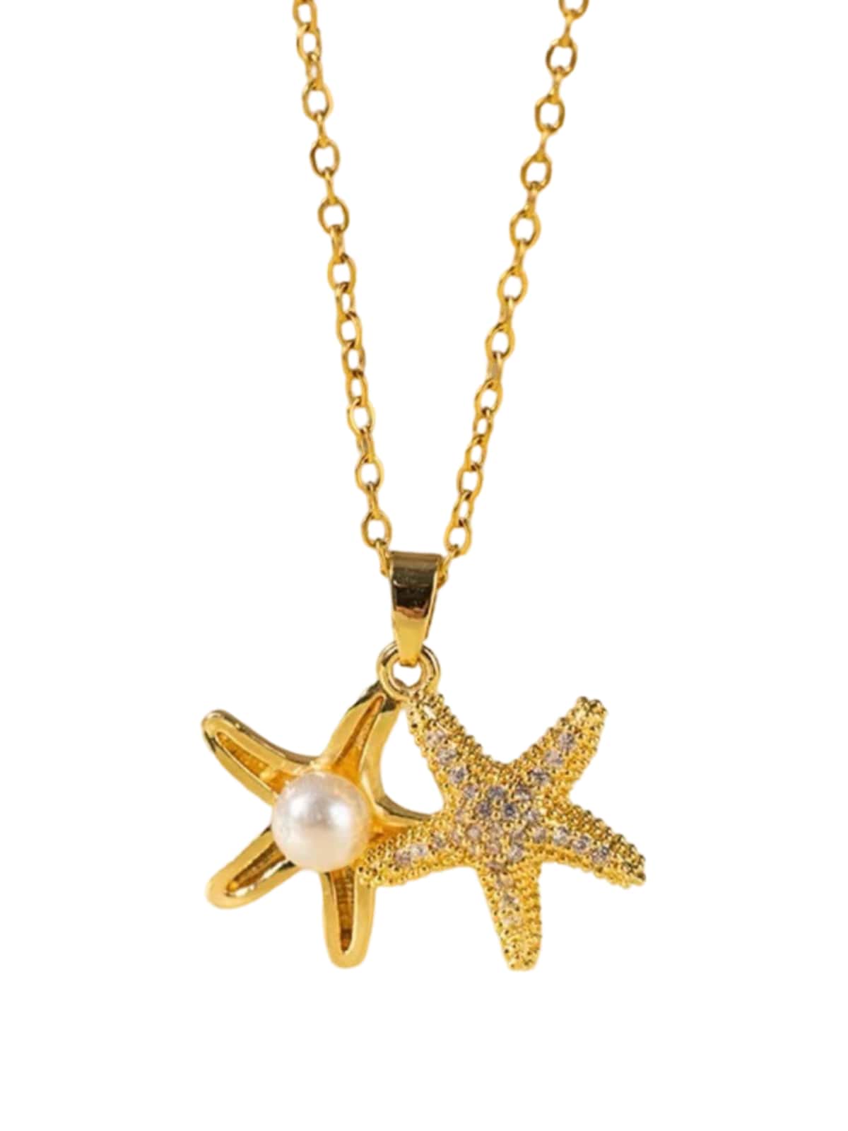 Collier étoile de mer, acier titane, zircons scintillants, chaîne clavicule femme, bijou lumineux 2024, modèle Nathalie - Collier - Or 42 cm