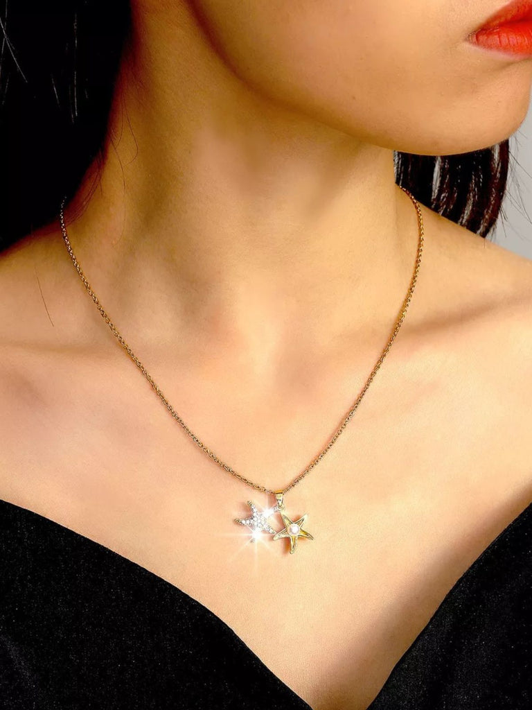 Collier étoile de mer, acier titane, zircons scintillants, chaîne clavicule femme, bijou lumineux 2024, modèle Nathalie - Collier - Or 42 cm
