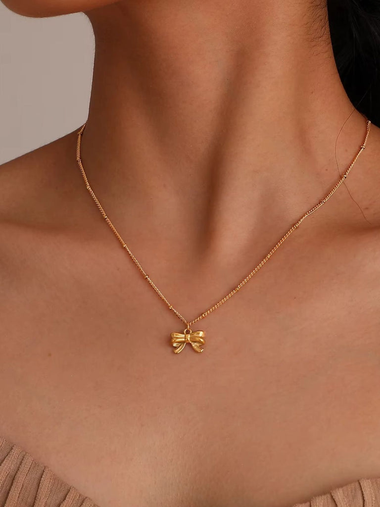Collier femme nœud, chaîne, plaqué or 18 carats, acier titane, style mignon, léger, modèle Faustine - Collier - Or 41 - 50 cm