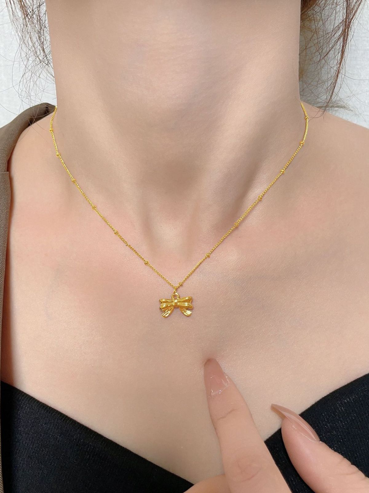 Collier femme nœud, chaîne, plaqué or 18 carats, acier titane, style mignon, léger, modèle Faustine - Collier - Or 41 - 50 cm