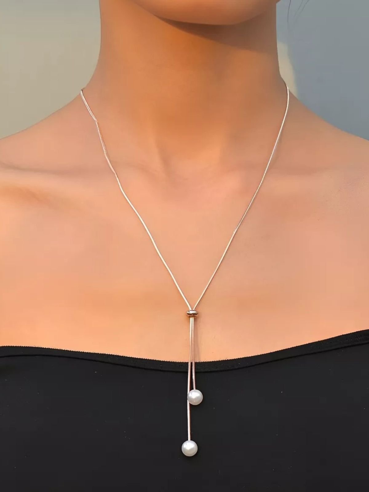 Collier long doré, perles blanches, chaîne serpent, ajustable, tendance féminine, modèle Fleurida - Collier - Argent 40 - 60 cm