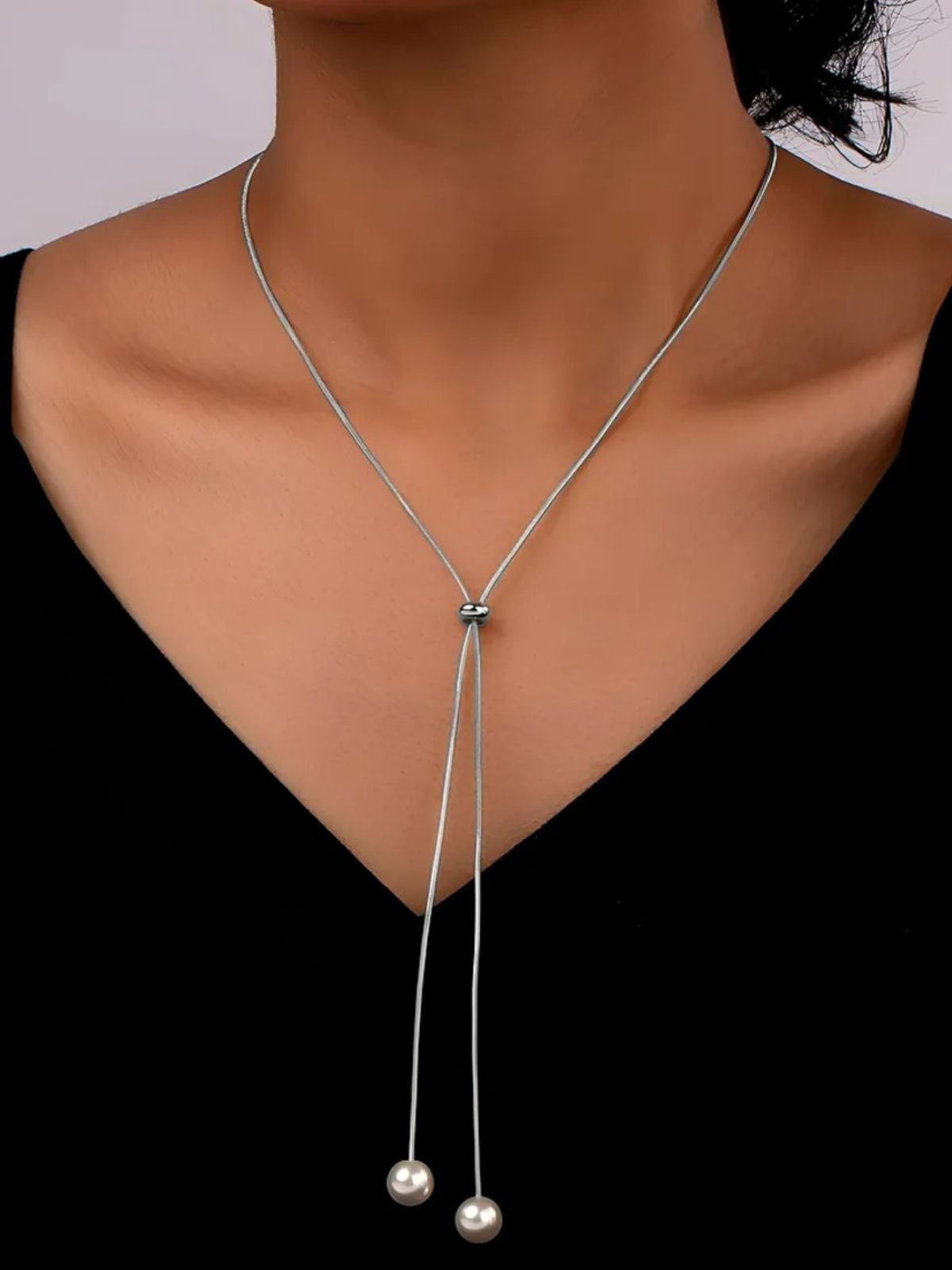Collier long doré, perles blanches, chaîne serpent, ajustable, tendance féminine, modèle Fleurida - Collier - Argent 40 - 60 cm