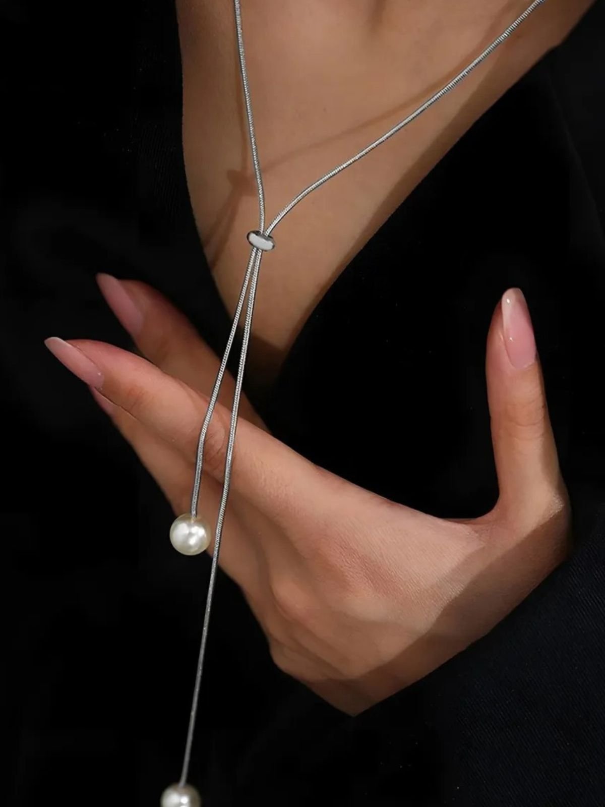 Collier long doré, perles blanches, chaîne serpent, ajustable, tendance féminine, modèle Fleurida - Collier - Argent 40 - 60 cm