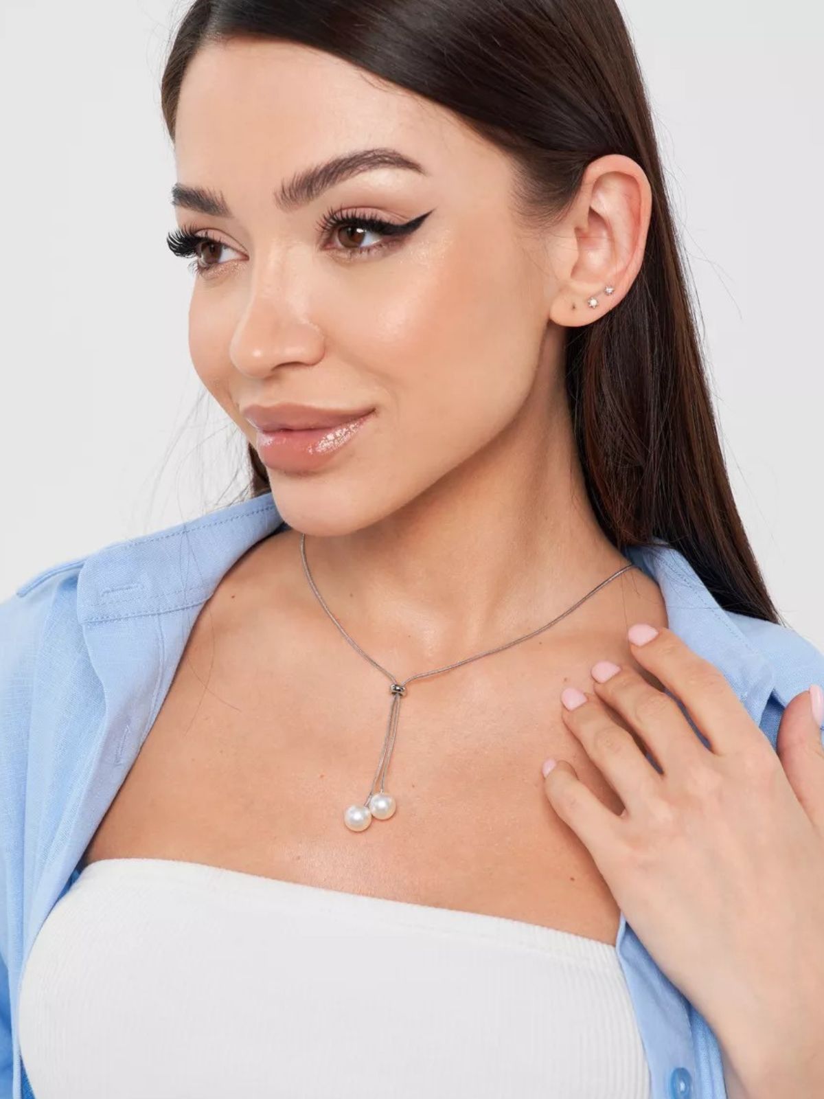 Collier long doré, perles blanches, chaîne serpent, ajustable, tendance féminine, modèle Fleurida - Collier - Argent 40 - 60 cm