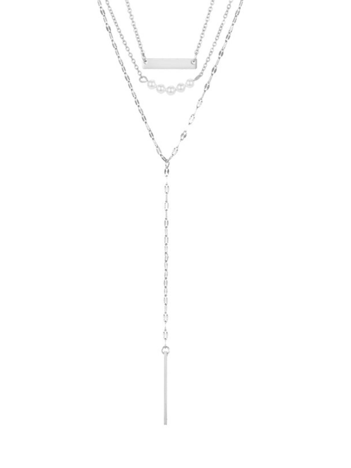 Collier multicouche femme, chaîne perlée, pendentif barre, acier inoxydable, look moderne, modèle Marianne - Collier - Argent 38 - 43cm